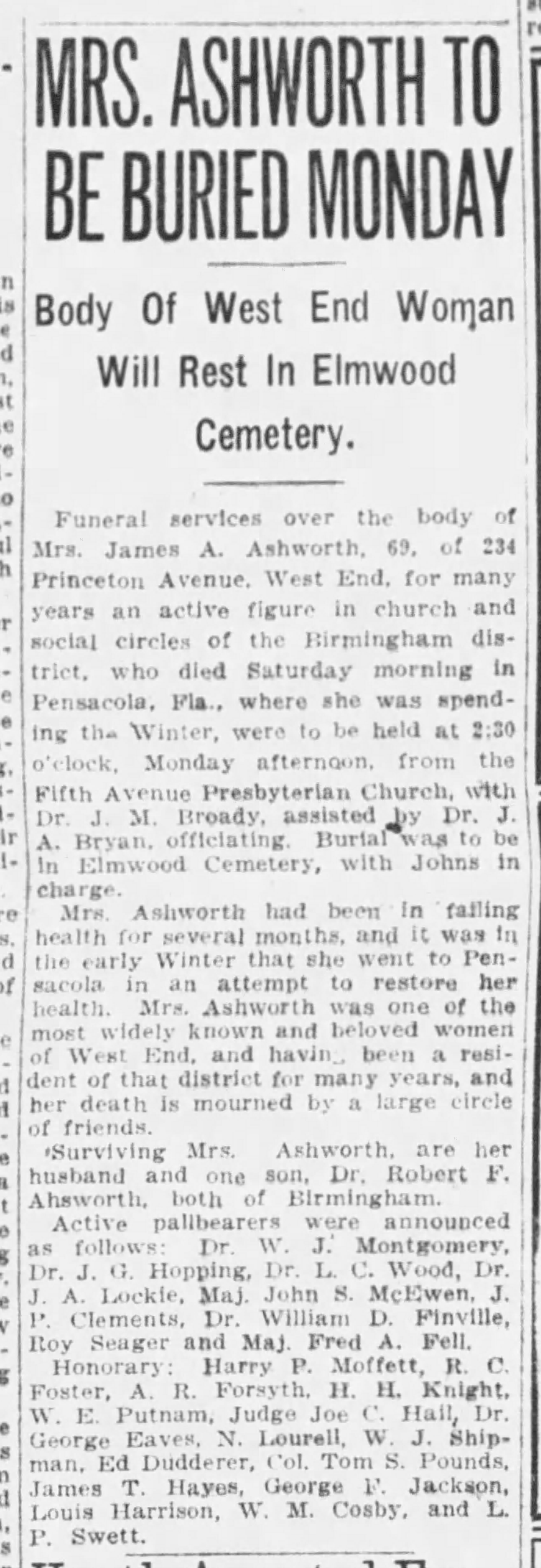 Mrs. Ashworth To Be Buried Monday